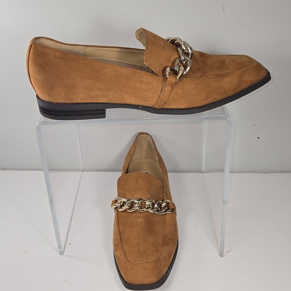 Nine West WNORIAH2 Loafers Womens 7.5M Tan Gold Chain Square  toe